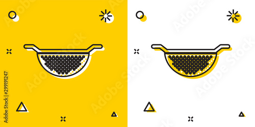 Black Kitchen colander icon isolated on yellow and white background. Cooking utensil. Cutlery sign. Random dynamic shapes. Vector Illustration