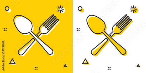 Black Crossed fork and spoon icon isolated on yellow and white background. Cooking utensil. Cutlery sign. Random dynamic shapes. Vector Illustration