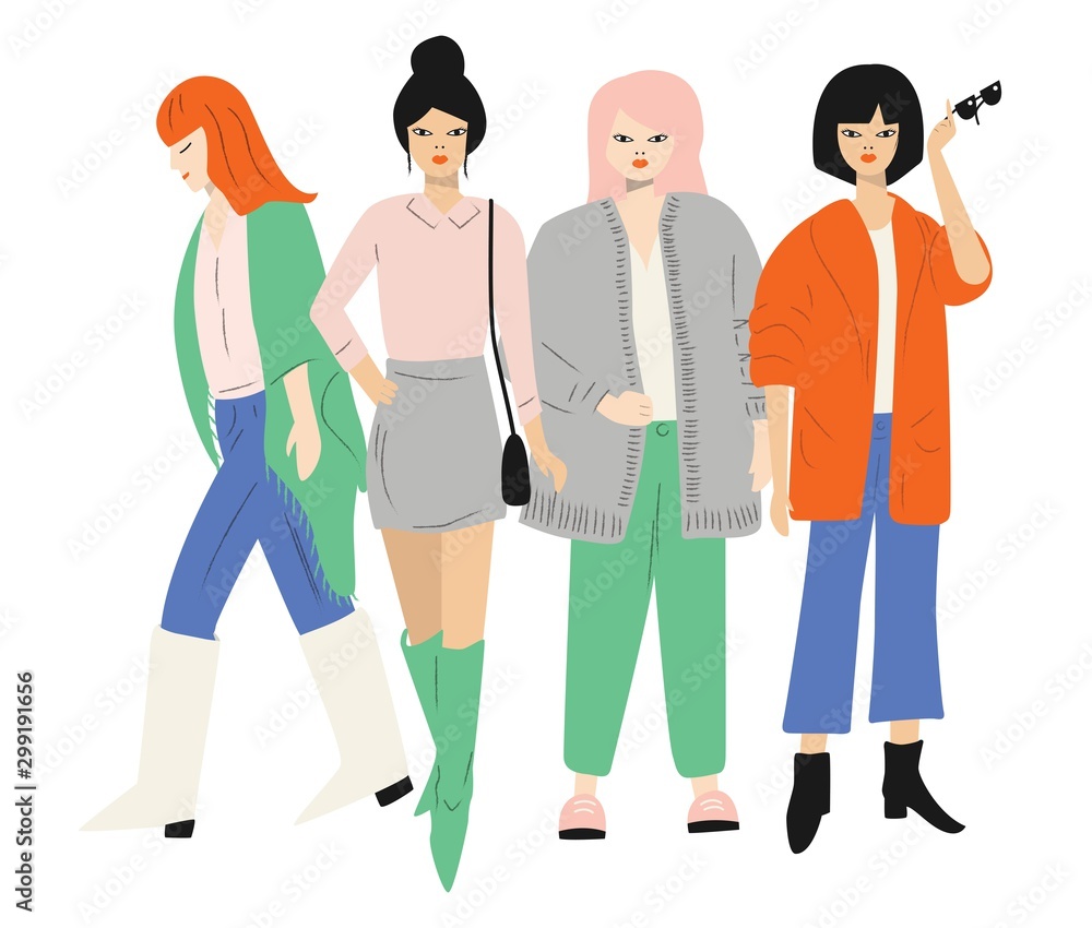Fototapeta premium Four young women in autumn clothes standing and walking. Isolated on white. Flat vector illustration