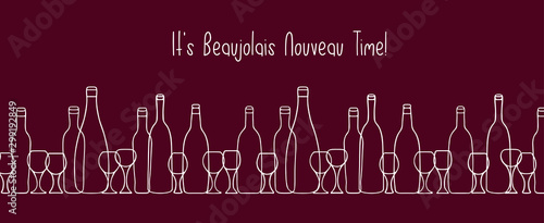 Hand drawn vector pattern with doodle wine bottles. Sketch drawing of wine glasses and bottles silhouettes. Text Beaujolais nouveau. Wine, food ads for wine festival.