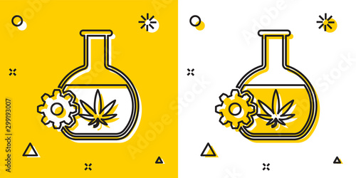 Black Chemical test tube with marijuana or cannabis leaf icon isolated on yellow and white background. Research concept. Laboratory CBD oil concept. Random dynamic shapes. Vector Illustration