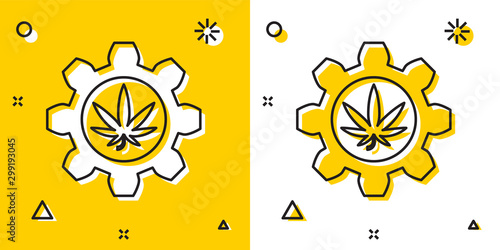 Black Chemical test tube with marijuana or cannabis leaf icon isolated on yellow and white background. Research concept. Laboratory CBD oil concept. Random dynamic shapes. Vector Illustration