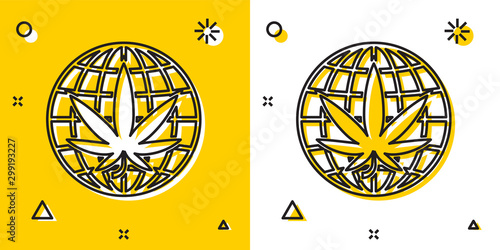 Black Legalize marijuana or cannabis globe symbol icon isolated on yellow and white background. Hemp symbol. Random dynamic shapes. Vector Illustration