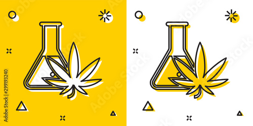 Black Chemical test tube with marijuana or cannabis leaf icon isolated on yellow and white background. Research concept. Laboratory CBD oil concept. Random dynamic shapes. Vector Illustration