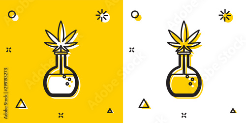 Black Chemical test tube with marijuana or cannabis leaf icon isolated on yellow and white background. Research concept. Laboratory CBD oil concept. Random dynamic shapes. Vector Illustration