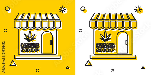 Black Marijuana and cannabis store icon isolated on yellow and white background. Equipment and accessories for smoking, storing medical cannabis. Random dynamic shapes. Vector Illustration