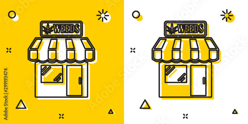 Black Marijuana and cannabis store icon isolated on yellow and white background. Equipment and accessories for smoking, storing medical cannabis. Random dynamic shapes. Vector Illustration