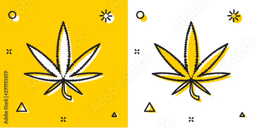 Black Medical marijuana or cannabis leaf icon isolated on yellow and white background. Hemp symbol. Random dynamic shapes. Vector Illustration