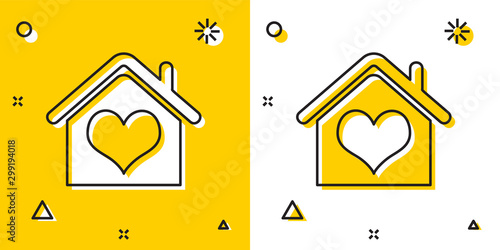Black House with heart shape icon isolated on yellow and white background. Love home symbol. Family, real estate and realty. Random dynamic shapes. Vector Illustration