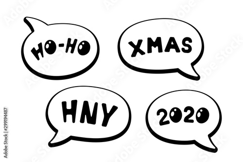 Holiday cartoon comic speech bubble collection with various messages HO-HO XMAS HNY and 2020. Merry Christmas and Happy New Year label set vector illustration