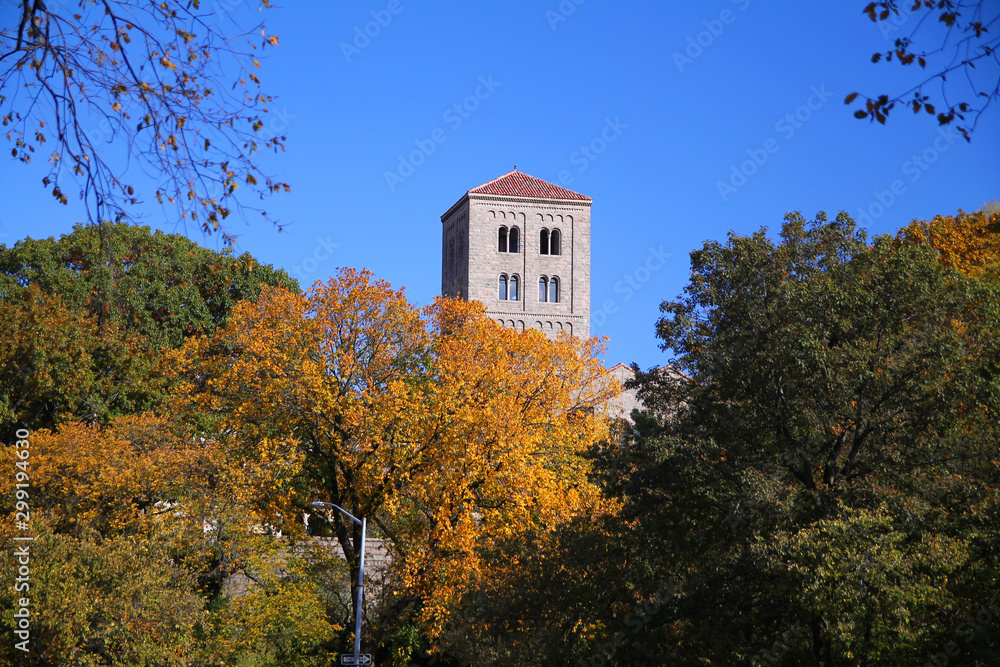 The cloisters tower and the foliage