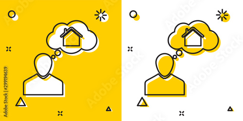 Black Man dreaming about buying a new house icon isolated on yellow and white background. Random dynamic shapes. Vector Illustration