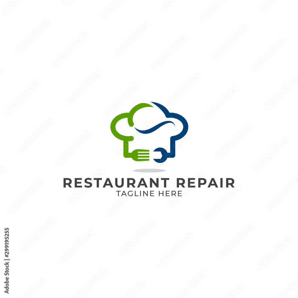 Restaurant Repair with a chef hat, fork and wrench Logo Vector Icon