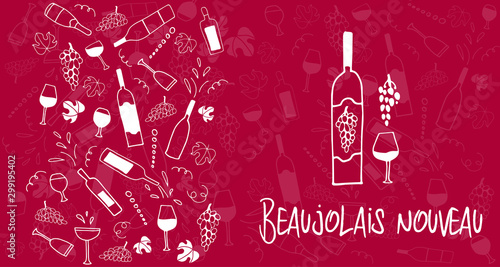 Hand drawn Sketch doodle vector pattern with cheese, wine glasses, bottles, grapes and bread. Business card template for Wine party Beaujolais Nouveau event in France and the whole world.