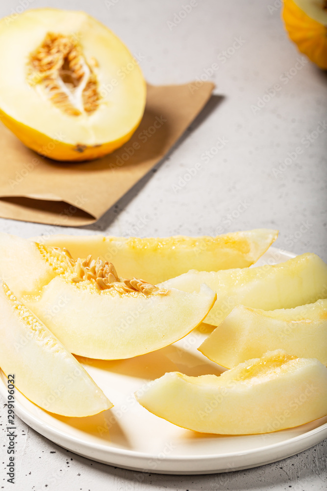 Yellow melon with white pulp, grown without chemical treatments. Yellow melon with white pulp, grown without chemical treatments.