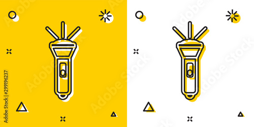 Black Flashlight icon isolated on yellow and white background. Random dynamic shapes. Vector Illustration