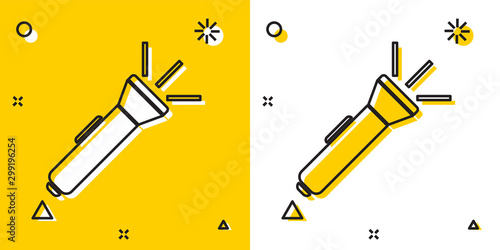 Black Flashlight icon isolated on yellow and white background. Random dynamic shapes. Vector Illustration