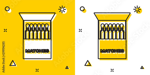 Black Open matchbox and matches icon isolated on yellow and white background. Random dynamic shapes. Vector Illustration