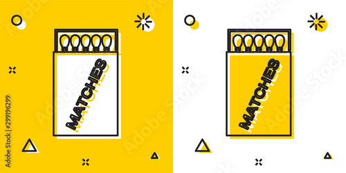 Black Open matchbox and matches icon isolated on yellow and white background. Random dynamic shapes. Vector Illustration