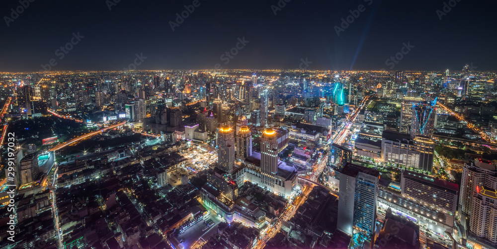 Aerial Panoramic Cityscape View of Bangkok with Street Lights at Night Aerial Panoramic Cityscape View of Bangkok with Street Lights at Night