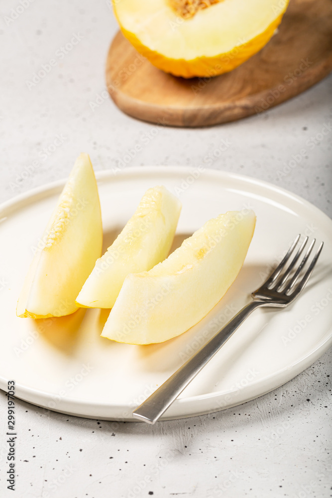 Yellow melon with white pulp, grown without chemical treatments. Yellow melon with white pulp, grown without chemical treatments.
