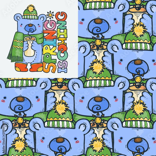 Spring is coming. Seamless pattern with cute bear. Warming in the winter cold weather. Scarf, hat and woolen socks. © Drekhann