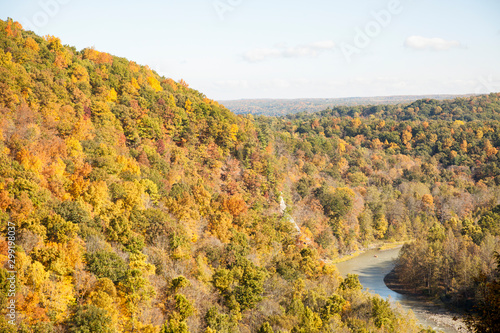 View of Genesee River and landscape in Letchworth state park during autumn season