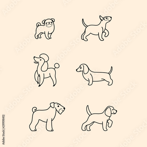 Dogs icon set. Dogs in various poses and action. Vector illustration for prints, clothing, packaging, stickers.