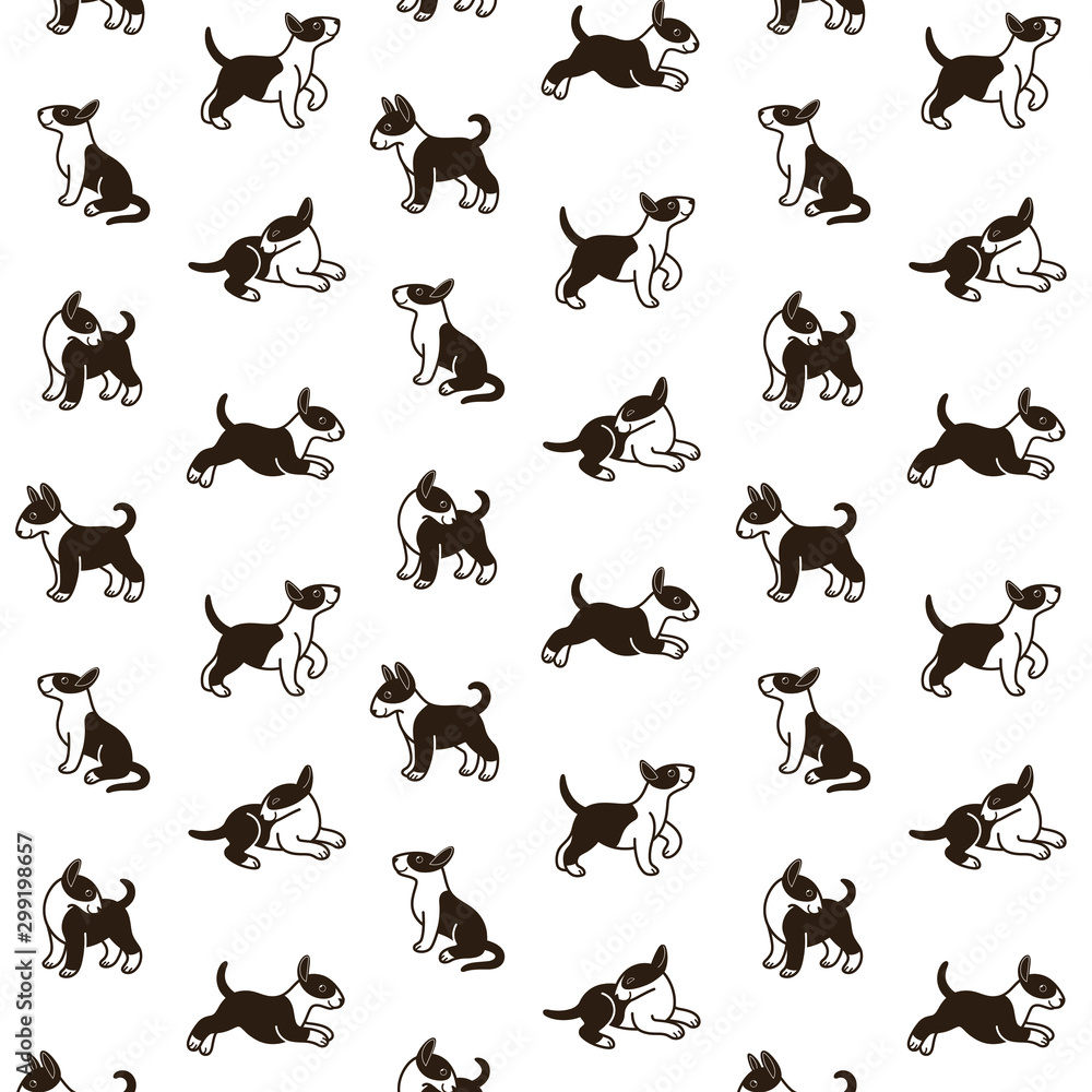 Cartoon happy bull terrier - simple trendy pattern with dogs. Flat vector illustration for prints, clothing, packaging and postcards. 