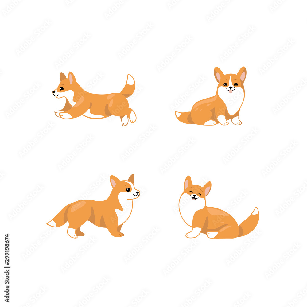 Corgi dog icon set. Different poses of corgi dog. Good illustration for prints, clothing, packaging, stickers.