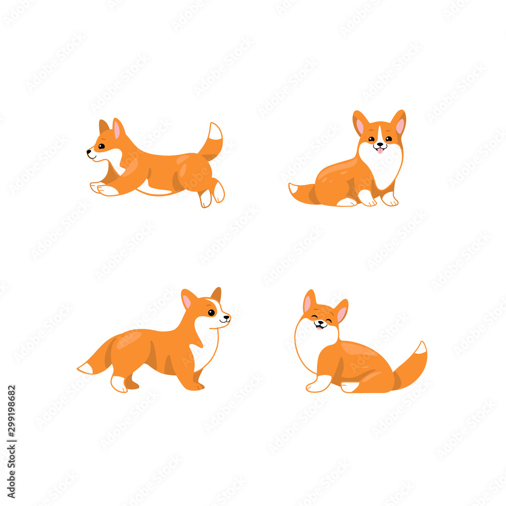 Corgi dog icon set. Different poses of corgi dog. Vector illustration for prints, clothing, packaging, stickers.