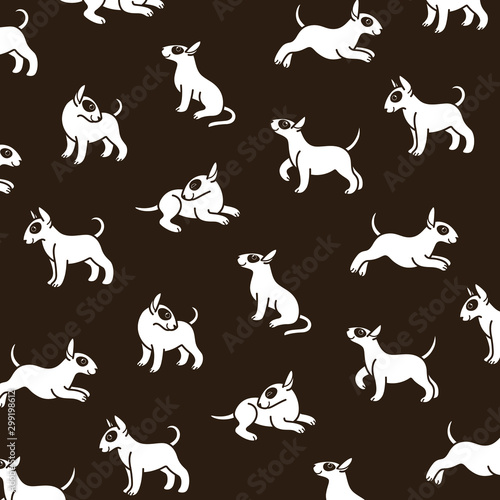 Cartoon happy bull terrier - simple trendy pattern with white dogs on dark background. Flat illustration for prints  clothing  packaging and postcards.