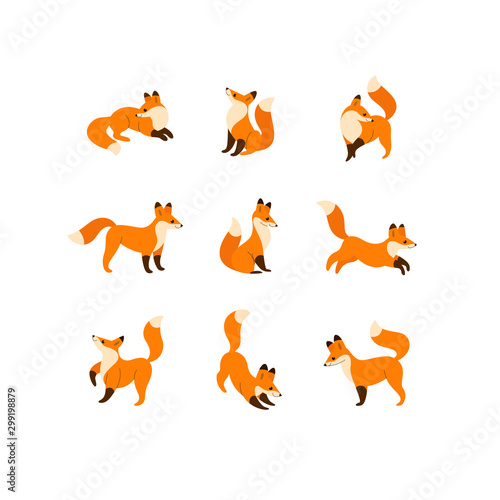Cartoon animal icon set. Different poses of fox. Vector illustration for prints, clothing, packaging, stickers.