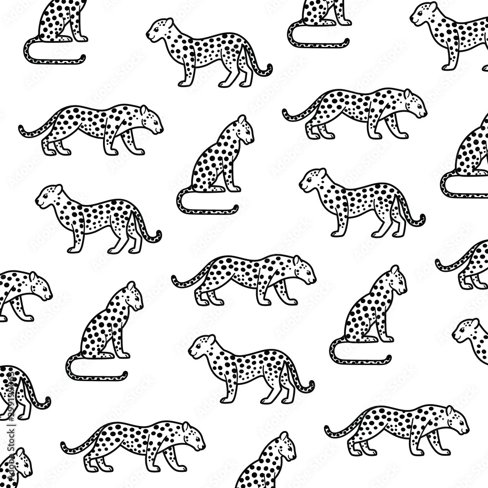 Cartoon leopard - simple trendy line pattern with leopard. Black-white illustration for prints, clothing, packaging and postcards.