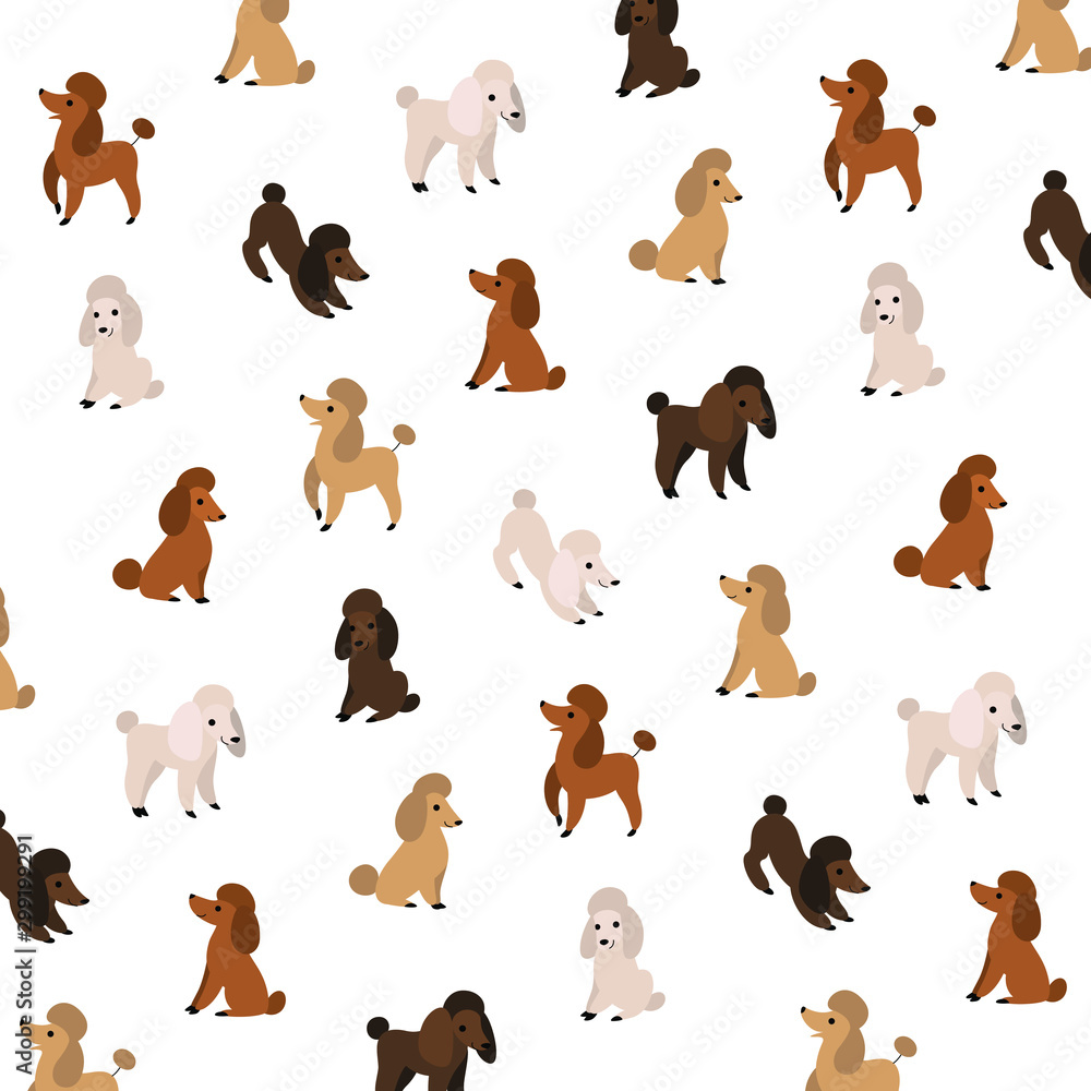 Fototapeta premium Cartoon happy poodle - simple trendy pattern with dogs in various poses. Flat vector illustration for prints, clothing, packaging and postcards.