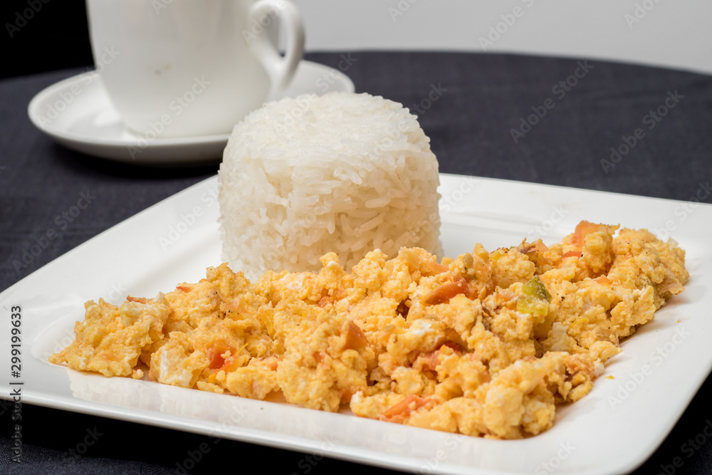 eggs with onion, tomato and rice (Colombian parrots)