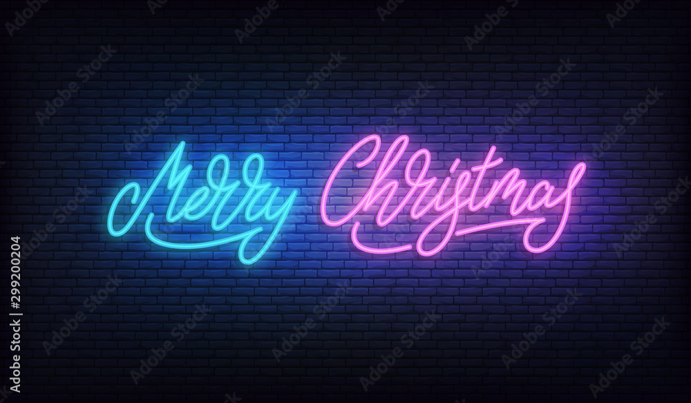 Merry Christmas neon. Glowing lettering sign for Xmas