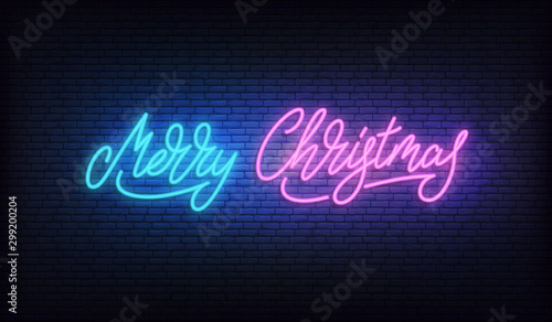 Merry Christmas neon. Glowing lettering sign for Xmas