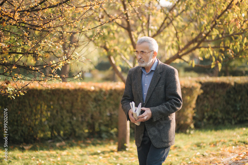 Handsome senior man walk through the park with newspaper in hands. Bearded grandpa early in the morning walking in the park