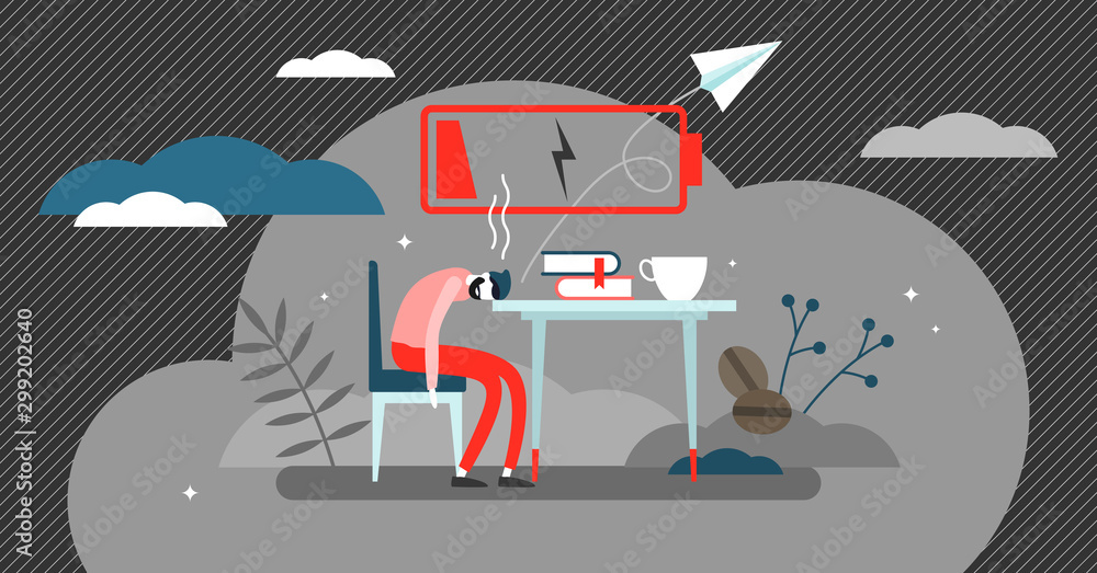 Burnout vector illustration. Flat tiny low energy workplace persons concept