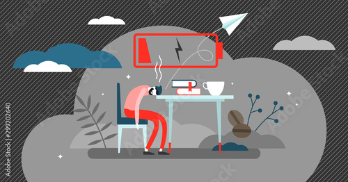 Burnout vector illustration. Flat tiny low energy workplace persons concept