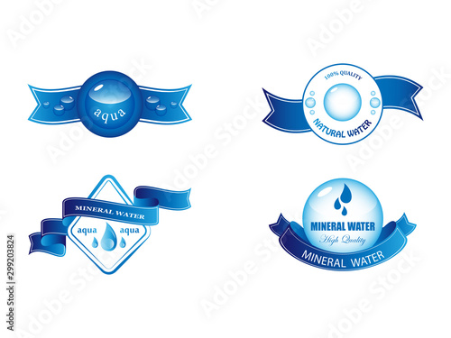 Mineral Water Label And Logo Sticker. Vector Set Isolated On Gray Background. Collection Of Clear Water Drop Icon. Flat Aqua Logo, Drink Logo And Bottle Label Design. Drinking Water Label
