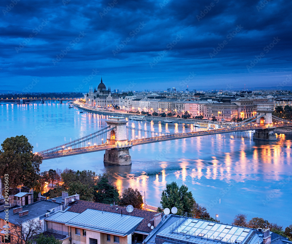 View on the famous Chain Bridge, Budapest in sunset