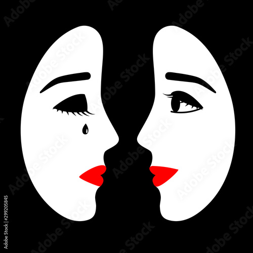 Profile face of young girl, emotions crying and joy. Opposite mood, emotions, struggle, ambivalence. Vector flat illustration