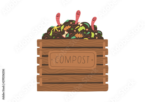 Compost box with with funny worms.  Recycling concept. Flat vector illustration. photo