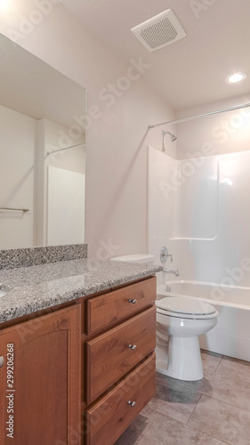 Vertical Interior of a modern bathroom with marble vanity