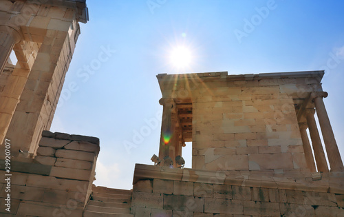 Sunbeams on the landmark of Acropolis in Athens, Greece.