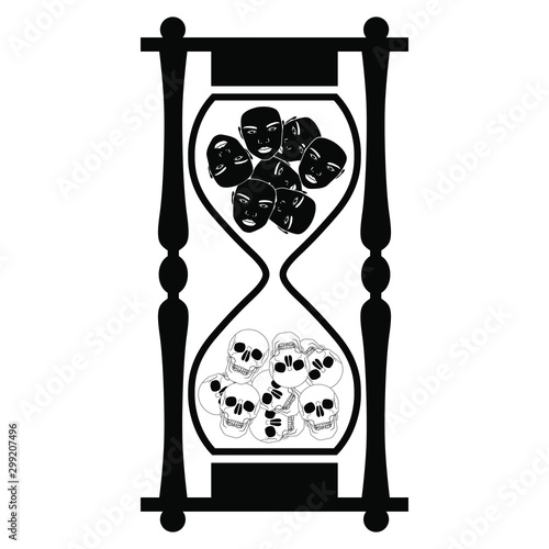 Isolated vector illustration. Hourglass with human faces turning into skulls. Memento mori concept. Metaphor for life and death. Black and white silhouette.