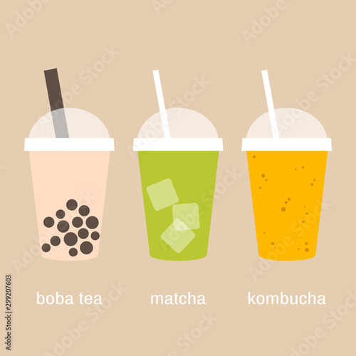 A set of cold drinks to go - boba tea, iced matcha latte and kombucha - millennial trends in food