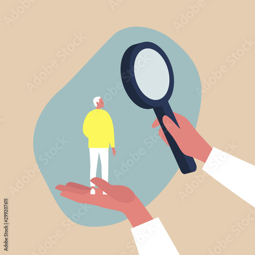 Looking for employee, HR management metaphor - male character scaled up under a magnifying glass